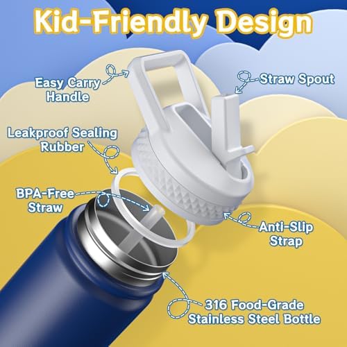 baab 18oz Kids Insulated Water Bottle 18/8 Stainless Steel Straw Cup