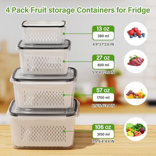 4 PCS Fruit Storage Containers with Removable Colander