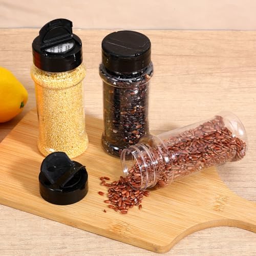 36 Pack 3 Oz Clear Plastic Spice Jars with Black Flip Lids and Labels
