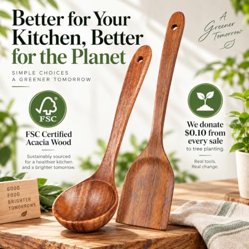 Vasilek Wooden Cooking Utensils, Acacia Wood Spatula & Soup Ladle