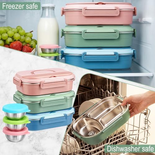 FoldTier 3 Pack Stainless Steel Lunch Boxes Include 3 Lidded Condiment