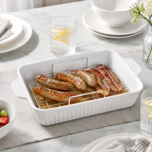 DOWAN 9x13'' Baking Dish with Handles Rack, Deep Ceramic Casserole Pan