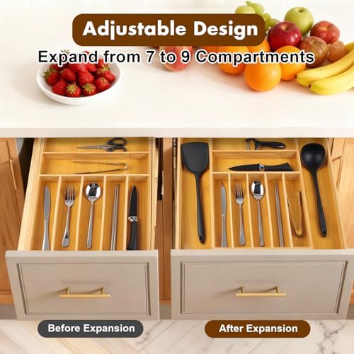 Bamboo Drawer Organizer, Expandable Flatware Cutlery Tray, 9 Slots