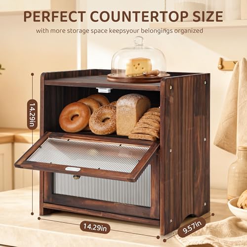 Wooden Bread Box with Acrylic Window for Kitchen Countertop