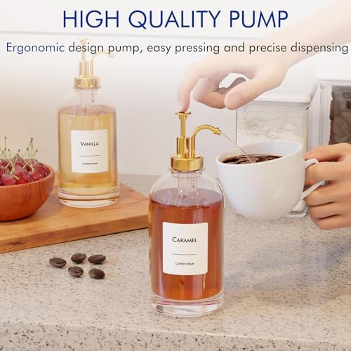 16.9 oz (500 ml) Coffee Syrup Dispenser Set- 4 Glass Bottles with Gold