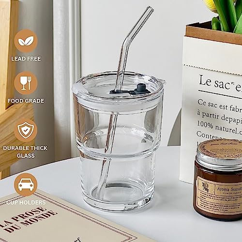 Olvini 13oz Glass Tumbler with Straw and Lid, Reusable Iced Coffee Cup