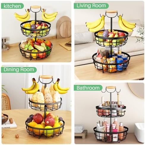 SAYZH 2 Tier Large Fruit Basket for Kitchen Counter with 2 Banana Hangers