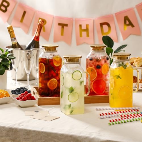 4 Pack 2 Liter/68 oz Square Glass Pitcher with Lid, Classic Stripes