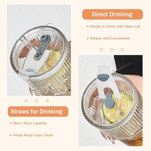 20oz Ribbed Glass Cups with Lids and Straws,2PCS Glass Tumbler with