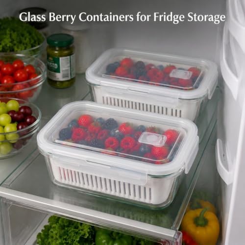 2 Pack 56oz Glass Berry Containers with Removable Colander