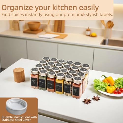 Glass Spice Jars with Labels, Seasoning Jars; 26 Pcs Stainless Steel