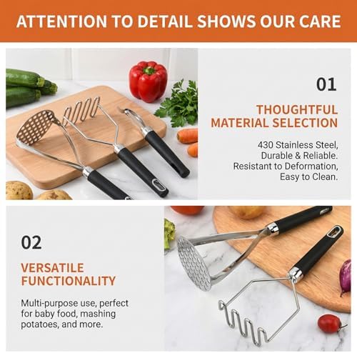 3-Piece Potato Masher & Peeler Set – 2 Stainless Steel Food Mashers +