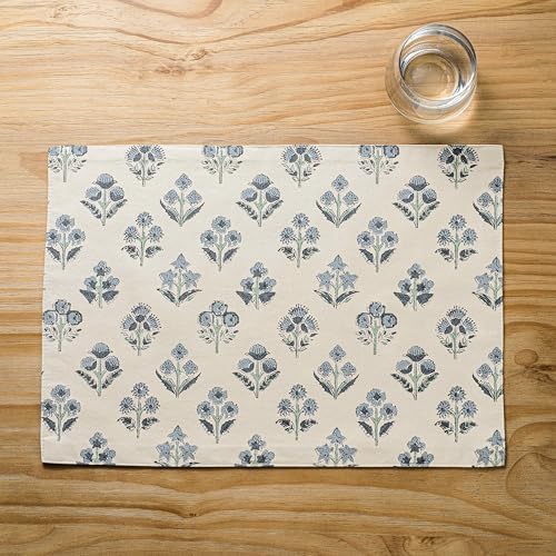 Block Print Floral Decorative Placemats Set of 6, Dusty Blue