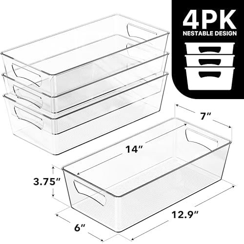 Simple Houseware Clear Pantry Storage Bins, 4 Pcs, 14" x 7" x 3.75"