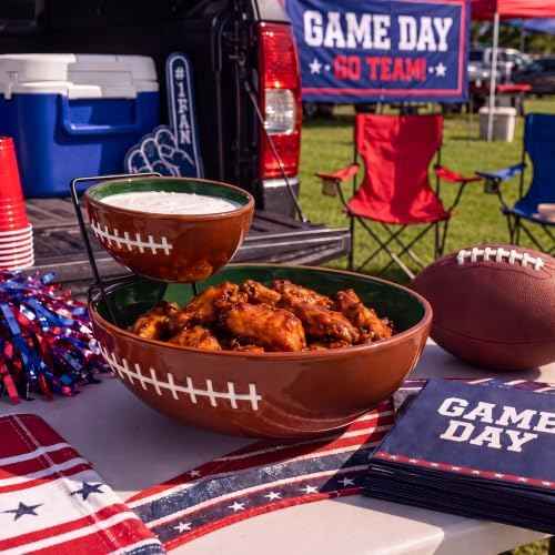 Domensi Ceramics 2 Tier Football Chip and Dip Bowl Serving Set with Stand