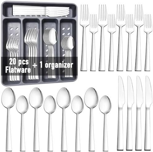 21 Pcs Kitchen Silverware Set with Organizer Tray Fork Spoon Knife
