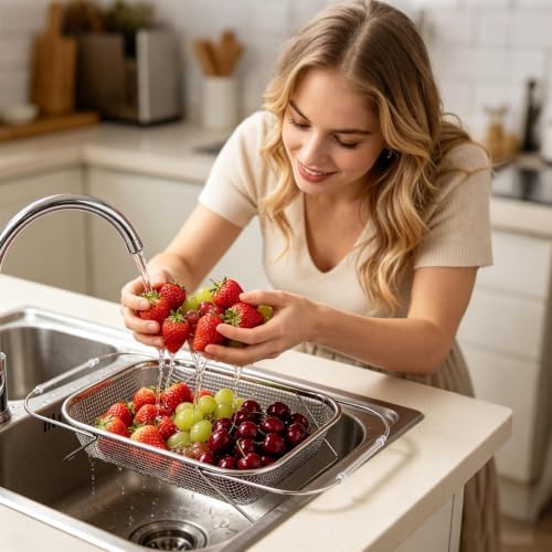 Expandable Over Sink Colander 304 Stainless Steel Fine Mesh Strainer