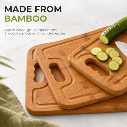 Bamboo Cutting Board Set of 3 with Stand, Juice Grooves, Handles
