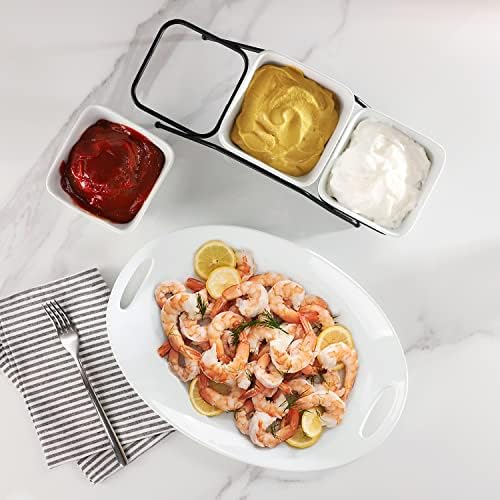 Buyajuju 3 pcs square bowl Porcelain Chip & Dip Serving Set With Black Metal Stand,4.5 inch White Small Serving Bowls for Side Dishes, Salsa, Appetizer, Serving Dishes for Entertaining 11.5 OZ