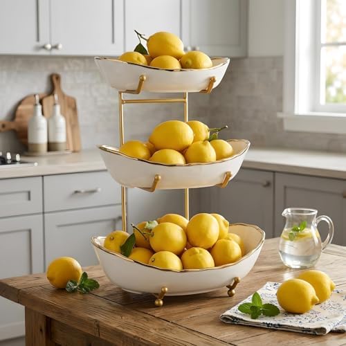 White Ceramic 3 Tier Modern Fruit Bowl with Metal Stand, Tiered Fruit Tray for Kitchen Counter, Snacks Nuts Bread Candy Storage