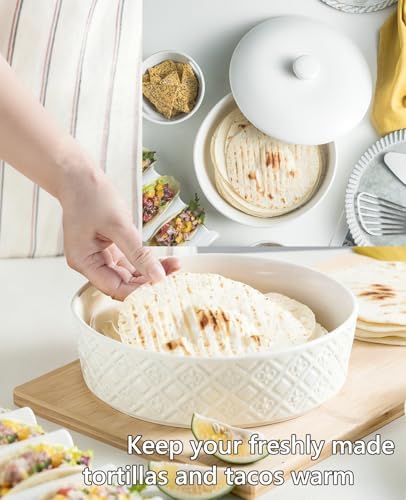 Large Tortilla Warmers with Lid 8.8 Inch, Embossed Ceramic Tortilla