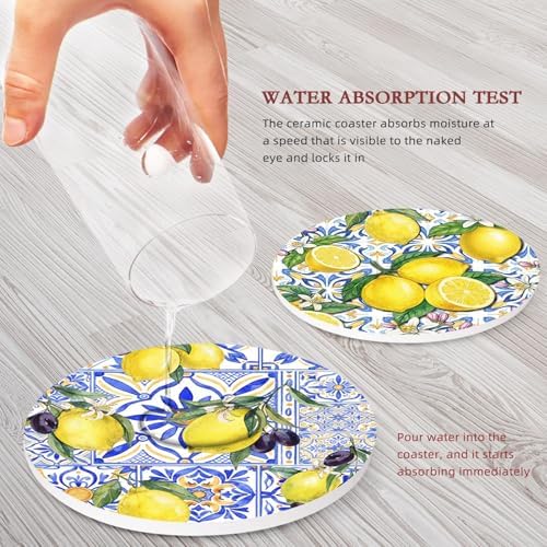 Coasters for Drinks, Set of 6, Ceramic Stone Yellow Blue
