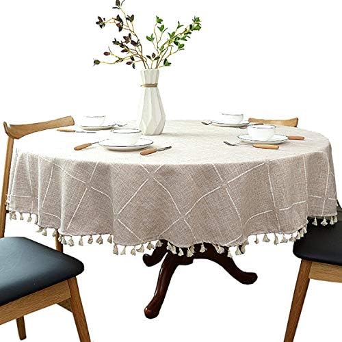 Dimatic Heavy Weight Cotton Linen Tablecloth, Plaid Tassel Round Table