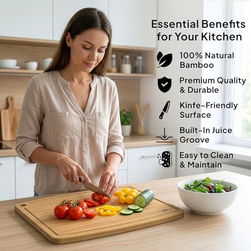Bamboo Cutting Board Set of 3 with Storage Holder, Reversible Wood