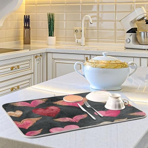 OTVEE Romantic Wing Art Dish Drying Mat for Kitchen Counter Absorbent