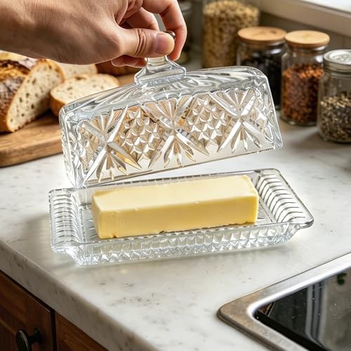Clear Glass Butter Dish with Lid, 8" Glass Butter Stick Holder Tray