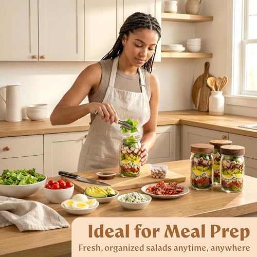 EDELHAUS Glass Salad Jars with Acacia Lids, 4 Pack