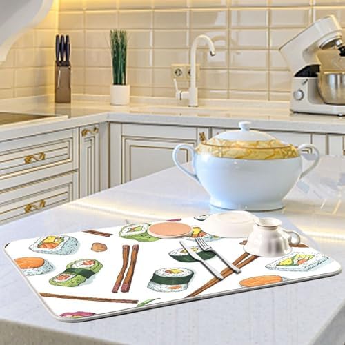 OTVEE Whimsical Sushi Print Dish Drying Mat for Kitchen Counter