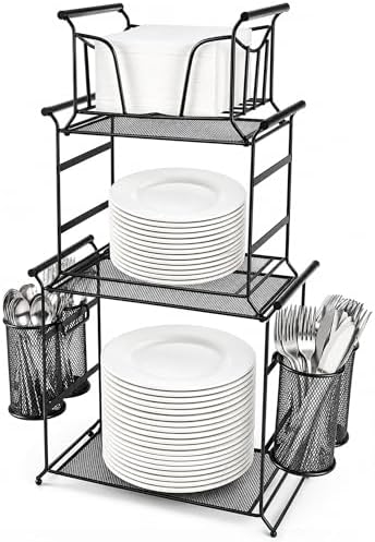 HULISEN 3-Tier Buffet Caddy, 7-Piece Paper Plate & Utensil Holder for