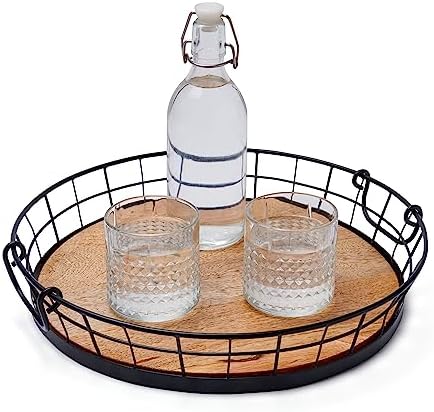 Spectrum Madison Round Metal Wooden Serving Tray with Handles for
