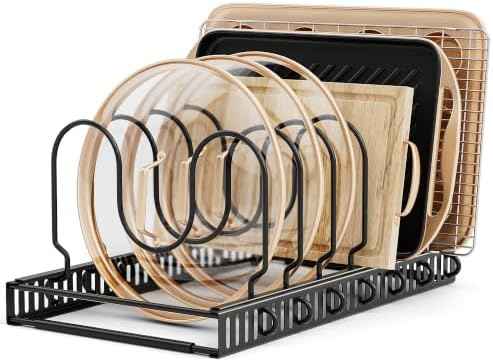 MUDEELA Pot Lid Organizer for Cabinet, Adjustable Baking Pan Rack 7 Slots