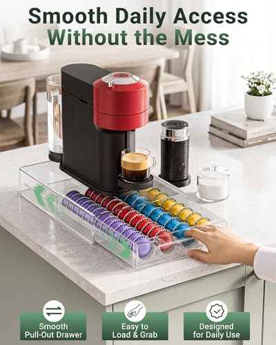 EVERIE Coffee Pod Holder Drawer Compatible with Nespresso VertuoLine Capsules, Clear PC Coffee Pod Organizer for Countertop, Flexible Slot Capsule Storage Drawer for 1.35 oz to 7.77 oz Pods