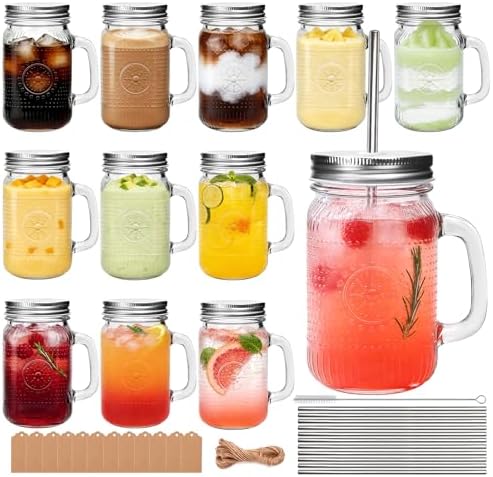 Mason Jar Cups with Handle 16 oz, Vintage Glass Cups with Lids and