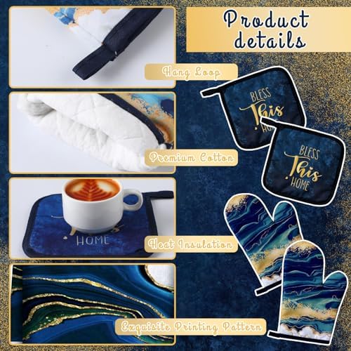 Bencailor 6 Pcs Blue Kitchen Towels, Oven Mitts and Potholder
