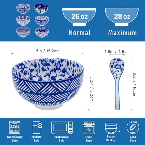 28Oz Ceramic Soup Ramen Bowl Set of 6 with Spoon Gift Box