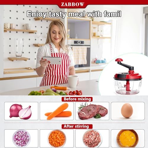 Multi-Functional Manual Food Processor,8 Cup Hand-powered Crank Chopper,Mincer Blender with Clear Container,for Vegetables Meat Fruits Nuts Herbs Onions (White)