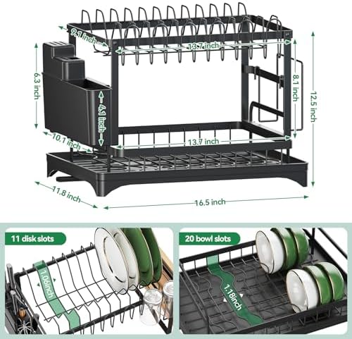 2-Tier Metal Dish Drying Rack with Drainboard, Black