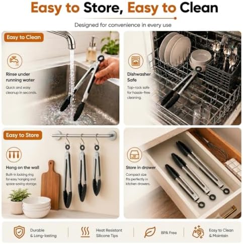 Kitchen Tongs Set, 3 Pack, 7+9+12", Silicone Tips