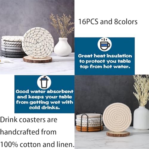 Cotton Drink Coasters with Metal Holder, 16 Pcs Boho Woven Absorbent