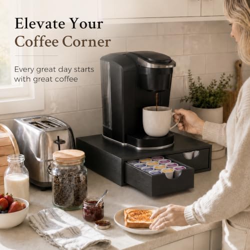 Mustry Wooden K Cup Holder, 36 Pod Capacity, Black K Cup Drawer Organizer