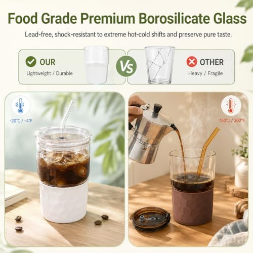 16oz Coffee Tumbler, Reusable Borosilicate Glass Cups with Lids and