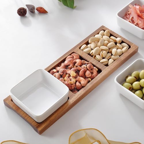 3 Pack Chip & Dip Serving Set with Wooden Tray, Oven Safe Bowls for