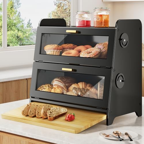 SNTD 2 Tier Bread Box for Kitchen Countertop, Adjustable Ventilation, Black