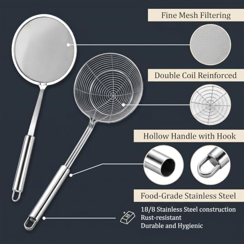 2PCS Stainless Steel Spider Strainer Set, Wire Mesh Skimmer Spoon for