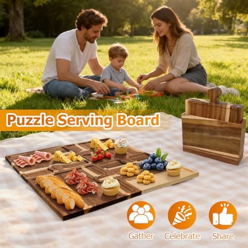 Puzzle Piece Charcuterie Board Set, 4-Piece Interlocking Acacia Wood Cheese Board & Appetizer Tray with Handles, Reversible Serving Platter for Party, Wine Night, Gift with Storage Box