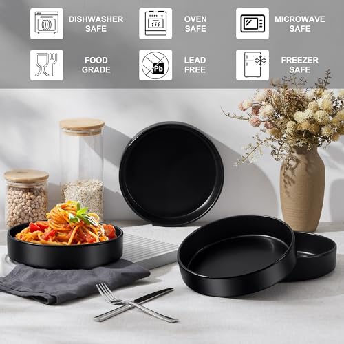 E-far Pasta Bowls Set of 4-35oz Shallow Ceramic Bowl Plates, Black